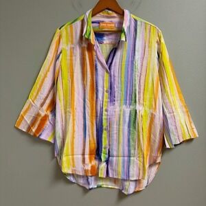 Jams World Button Blouse Top Size L Skyline Tropical Hawaii Colorful Vacation